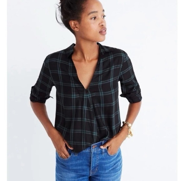Madwell Tops - MADEWELL Plaid Black Green Collared Wrap Front Top Small